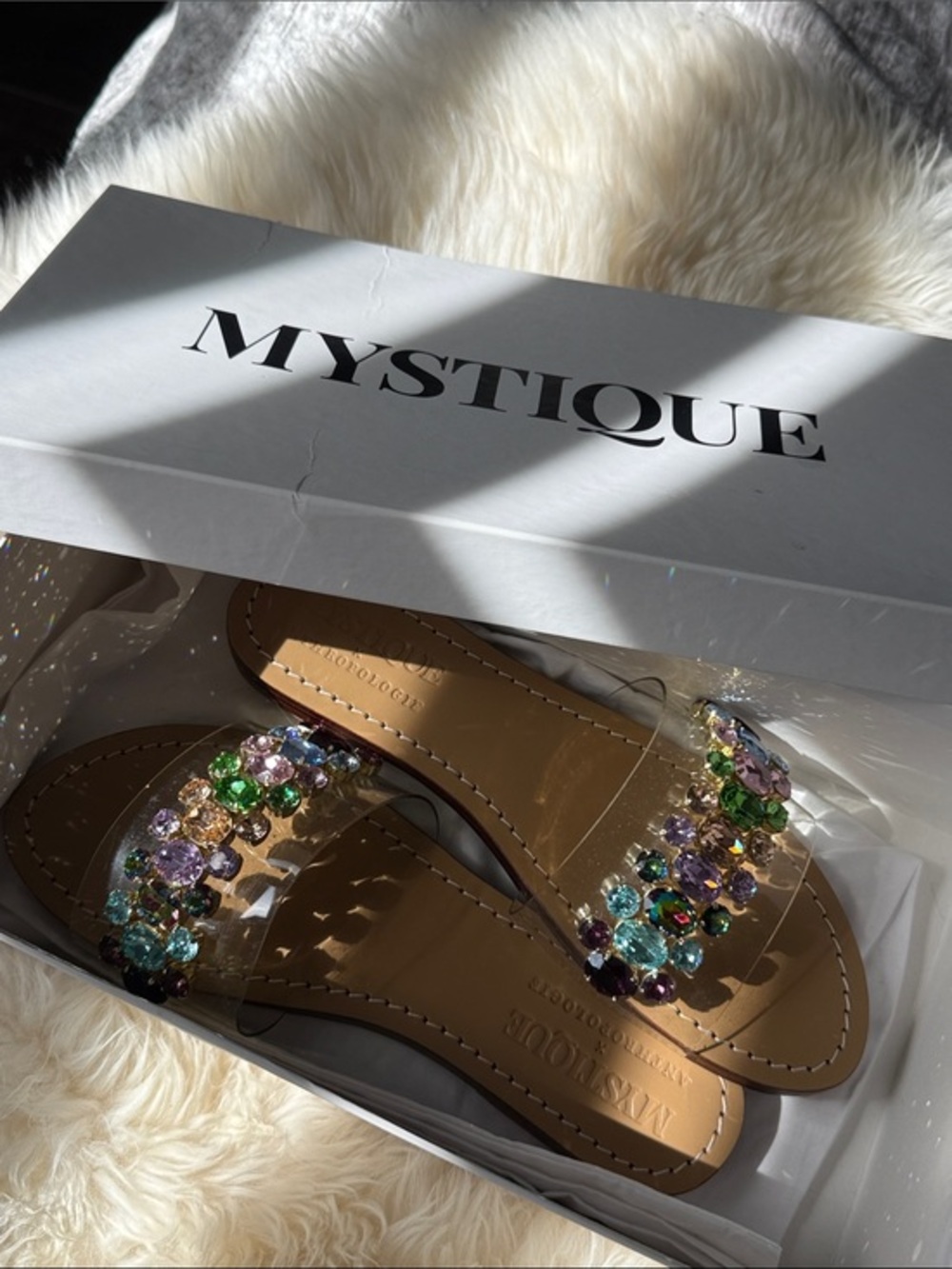 Trendy Mystique Boutique x Anthropologie Tan Slides with Multicolor Gem Accents